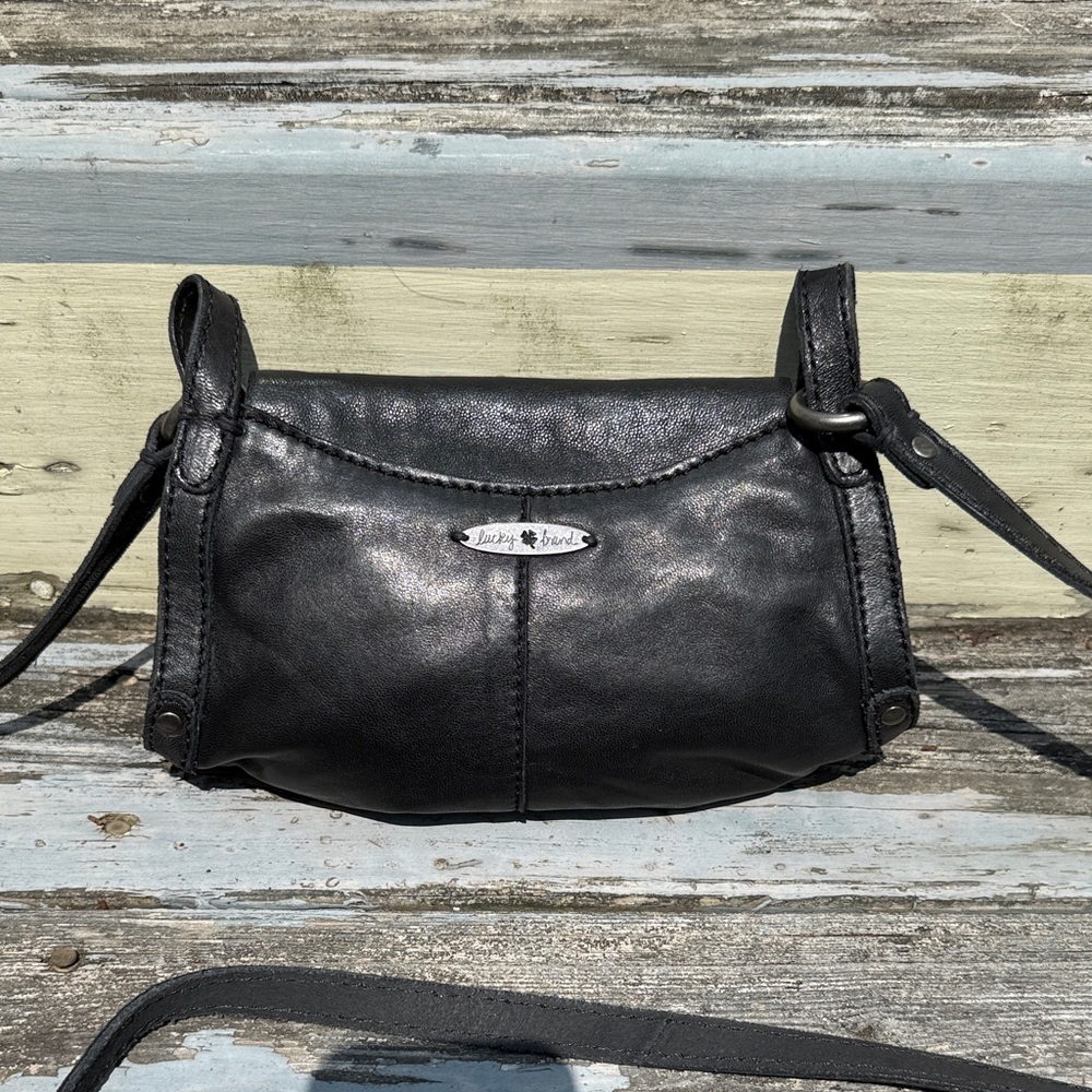 Lucky Brand Black Leather Crossbody Bag Small Studded Biker Boho Hippie Purse - Picture 4 of 8